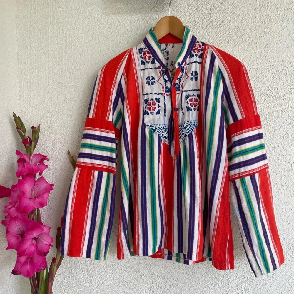 Vintage 70's handmade stripe embroidered top - Picture 1 of 5